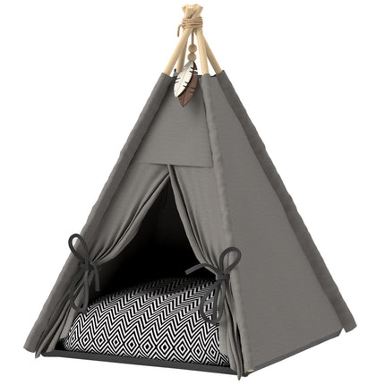 Tipi tent voor huisdieren, kattentent met afneembare en wasbare kussens, kattenhuis met antislipbodem, speelbal, voor katten onder de 5 kg, minihonden, 60 x 60 x 76 cm, grijs