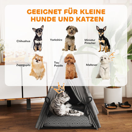 Tipi tent voor huisdieren, kattentent met afneembare en wasbare kussens, kattenhuis met antislipbodem, speelbal, voor katten onder de 5 kg, minihonden, 60 x 60 x 76 cm, grijs