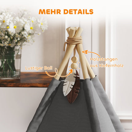 Tipi tent voor huisdieren, kattentent met afneembare en wasbare kussens, kattenhuis met antislipbodem, speelbal, voor katten onder de 5 kg, minihonden, 60 x 60 x 76 cm, grijs