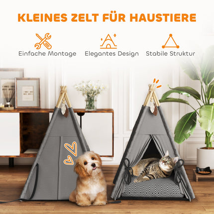 Tipi tent voor huisdieren, kattentent met afneembare en wasbare kussens, kattenhuis met antislipbodem, speelbal, voor katten onder de 5 kg, minihonden, 60 x 60 x 76 cm, grijs