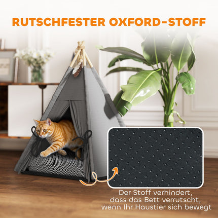 Tipi tent voor huisdieren, kattentent met afneembare en wasbare kussens, kattenhuis met antislipbodem, speelbal, voor katten onder de 5 kg, minihonden, 60 x 60 x 76 cm, grijs