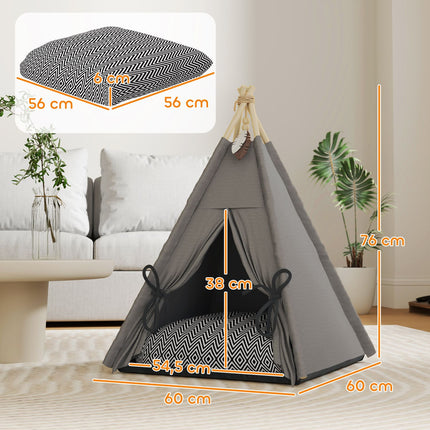 Tipi tent voor huisdieren, kattentent met afneembare en wasbare kussens, kattenhuis met antislipbodem, speelbal, voor katten onder de 5 kg, minihonden, 60 x 60 x 76 cm, grijs