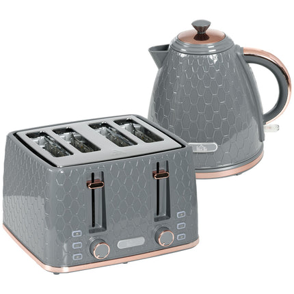 Toaster & Kettle Set, 1.7L, 4-Slice, Grey Plastic