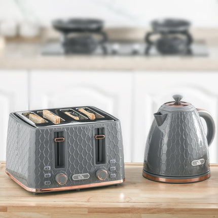 Toaster & Kettle Set, 1.7L, 4-Slice, Grey Plastic