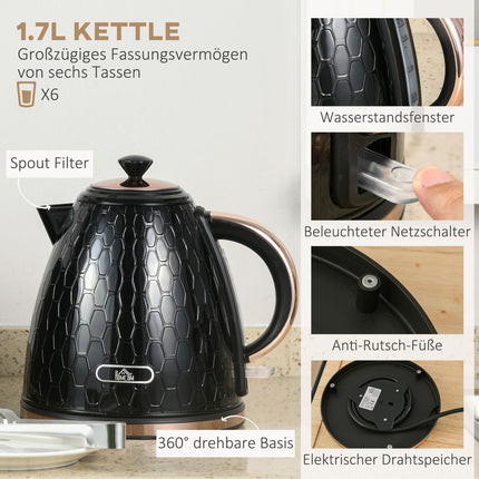 Toaster & Kettle Set, Black, 1.7L, 4-Slice Capacity