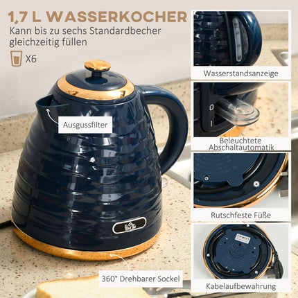Toaster and Kettle Set, 7 Browning Levels, Blue