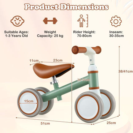 Toddler Balance Bike, 4-Wheel, Adjustable Seat, Green