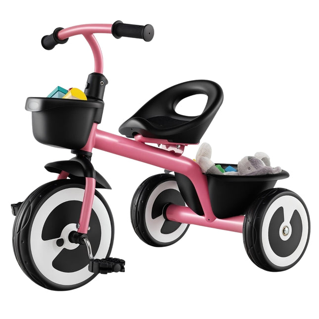 Toddler Balance Bike with Adjustable Seat, Dual Baskets, Pink