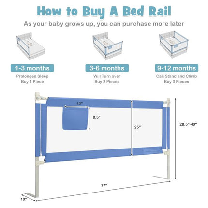 Toddler Bed Rail 69.5 In, Adjustable Height, Pocket