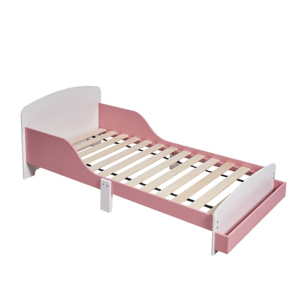 Toddler Floor Bed with Rail, White/Pink, Shelf Storage