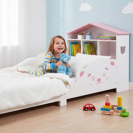 Toddler House Bed with Shelf and Safety Rails