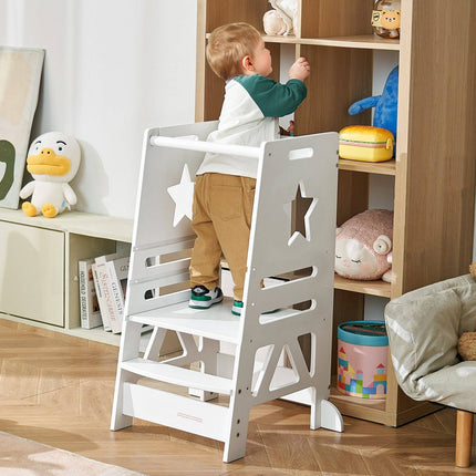Toddler Learning Tower, Bamboo, 3-Level, Safety Rail, White