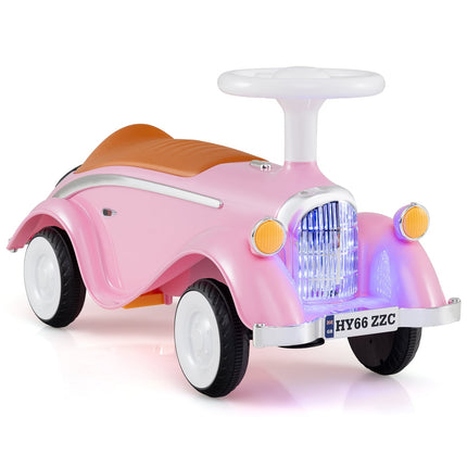 Toddler Ride-On Car with Horn, LED Lights, Storage, Pink