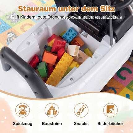 Toddler Ride-On Car with Light, Anti-Tip, Storage, White