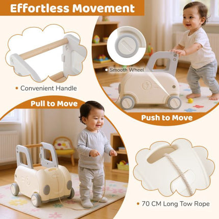 Toddler Ride-On Train Cart with Pull Rope, Storage, White