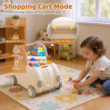 Toddler Ride-On Train Cart with Pull Rope, Storage, White