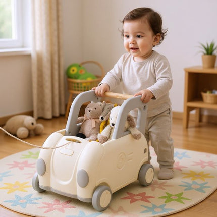 Toddler Ride-On Train Cart with Pull Rope, Storage, White