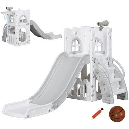Toddler Slide 5-in-1 with Basketball Hoop, Grey, 70x177x92 cm