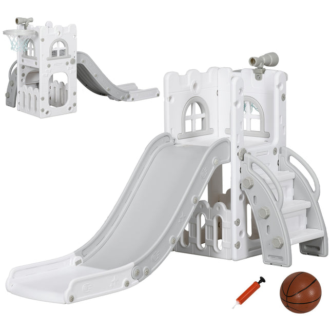 Toddler Slide 5-in-1 with Basketball Hoop, Grey, 70x177x92 cm