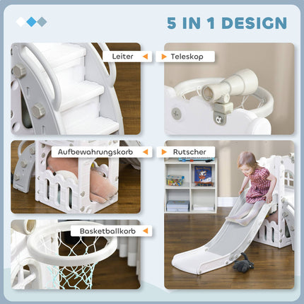 Toddler Slide 5-in-1 with Basketball Hoop, Grey, 70x177x92 cm