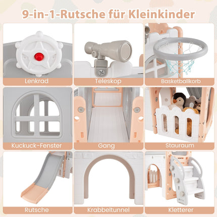 Toddler Slide 9-in-1 Playset with Basketball Hoop, Pink/Grey