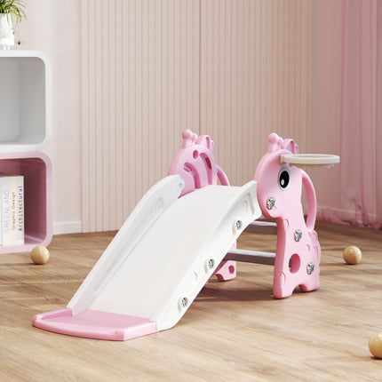Toddler Slide with Basketball Hoop, Giraffe Design, Pink