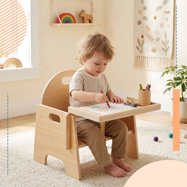 Toddler Stool with Table Attachment, Natural Wood