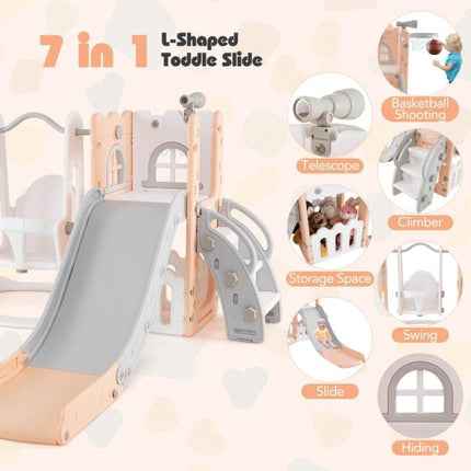 Toddler Swing and Slide Set, 7-in-1 L-Shaped, Pink