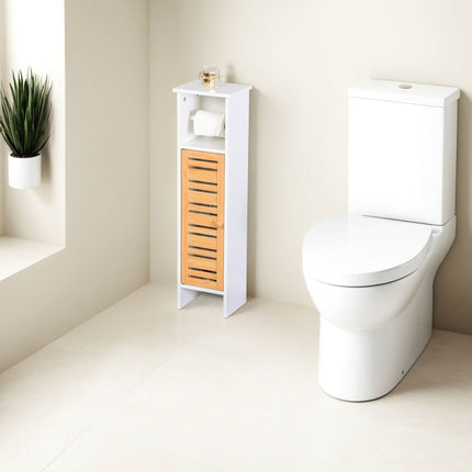 Toilet Paper Holder Cabinet, 3 Shelves, Bamboo Door