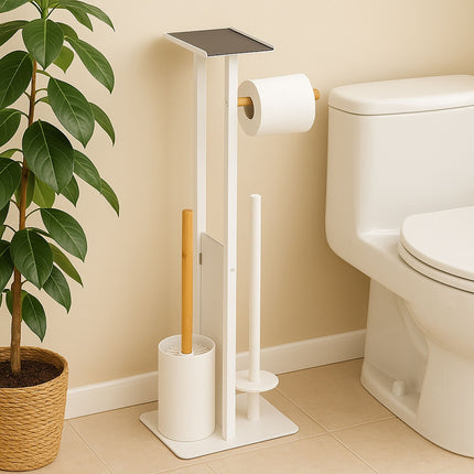 Toilet Paper Holder with Shelf – Metal & Bamboo