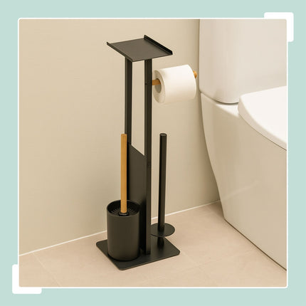 Toilet Paper Holder with Shelf – Metal & Bamboo