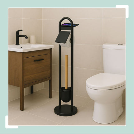 Toilet Paper Holder with Shelf – Metal and Bamboo