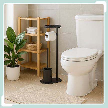 Toilet Paper Holder with Shelf and Brush