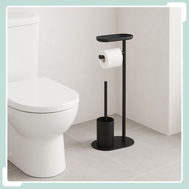 Toilet Paper Holder with Shelf and Brush
