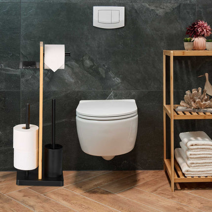 Toilet Roll Holder & Brush Set with Bamboo Shelf