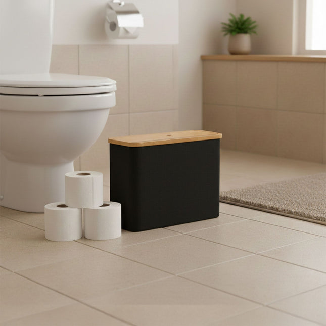 Toiletrolhouder, gemaakt van stof en bamboe, geschikt voor 12 rollen.
