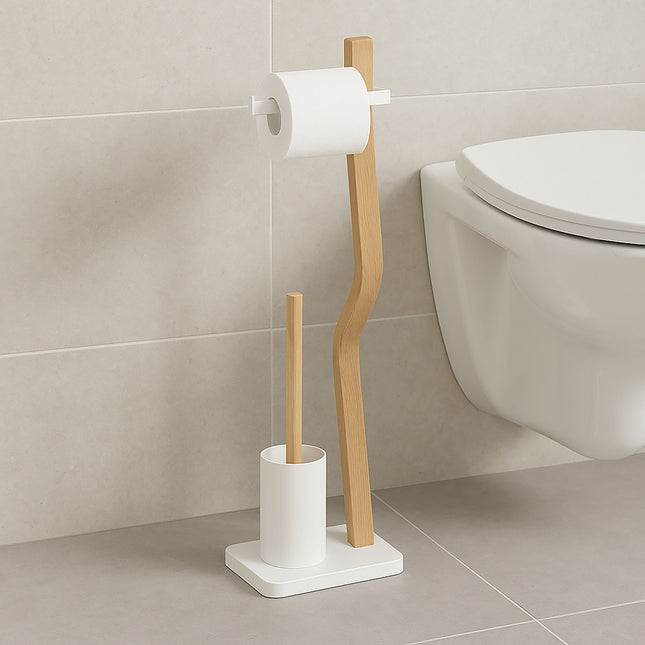 Toiletrolhouder en borstelset, hout en metaal