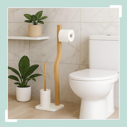 Toilet Roll Holder and Brush Set, Wood and Metal