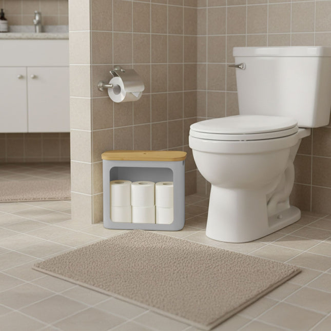 Toiletrolhouder met bamboe deksel, geschikt voor 12 rollen.