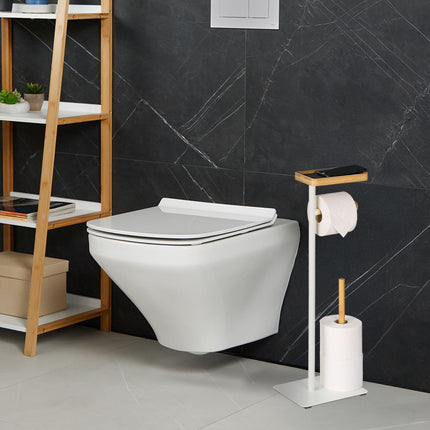Toilet Roll Holder with Shelf – Iron & Bamboo