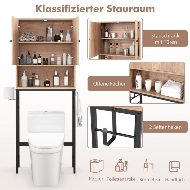 Toiletkast vrijstaand toiletplank met 2 deuren & 2 haken 63 x 23 x 165,5 cm naturel