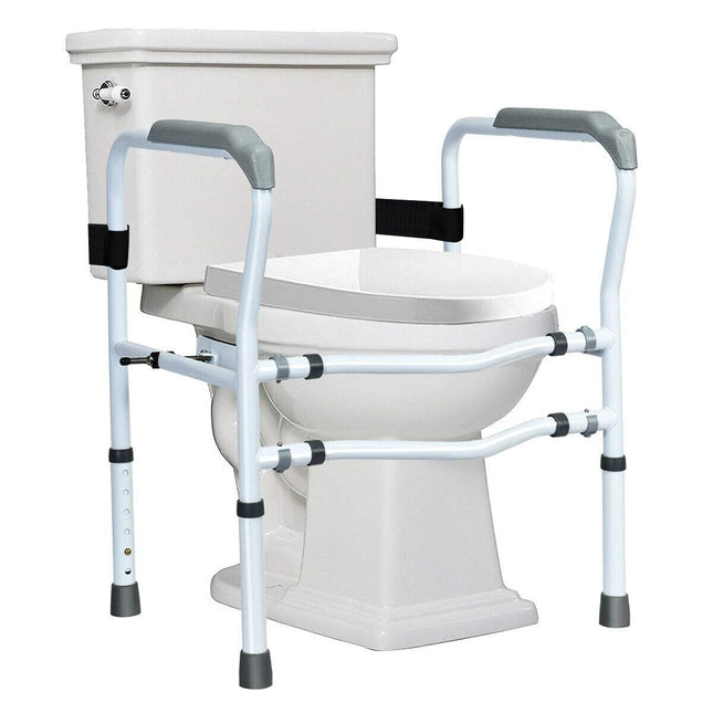 Toilet safety rail with adjustable height & width for seniors