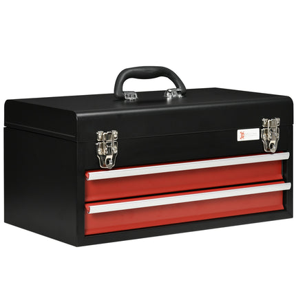 Steel tool box with handle - 2 locking drawers, black/red
