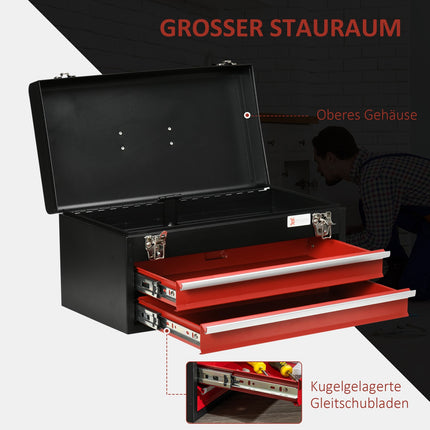 Steel tool box with handle - 2 locking drawers, black/red