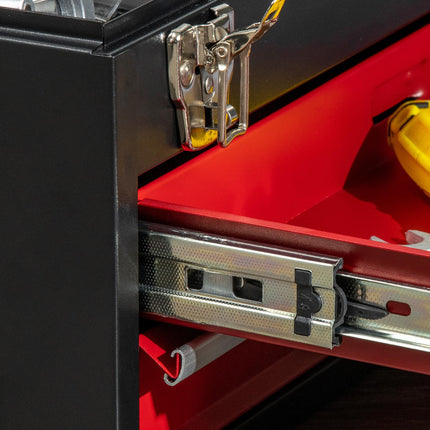 Steel tool box with handle - 2 locking drawers, black/red