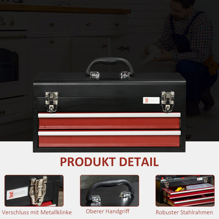 Steel tool box with handle - 2 locking drawers, black/red