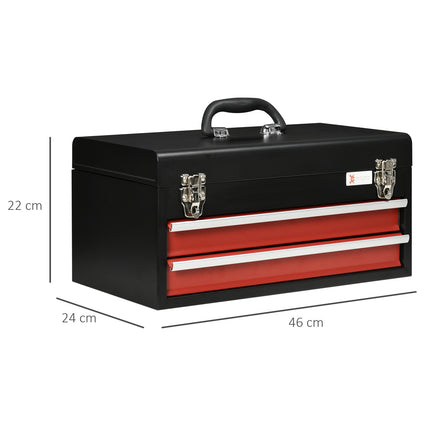 Steel tool box with handle - 2 locking drawers, black/red