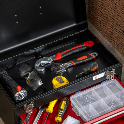 Steel tool box with handle - 2 locking drawers, black/red
