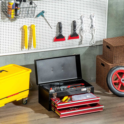 Steel tool box with handle - 2 locking drawers, black/red