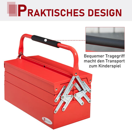 Space-saving steel toolbox with 5 compartments, red